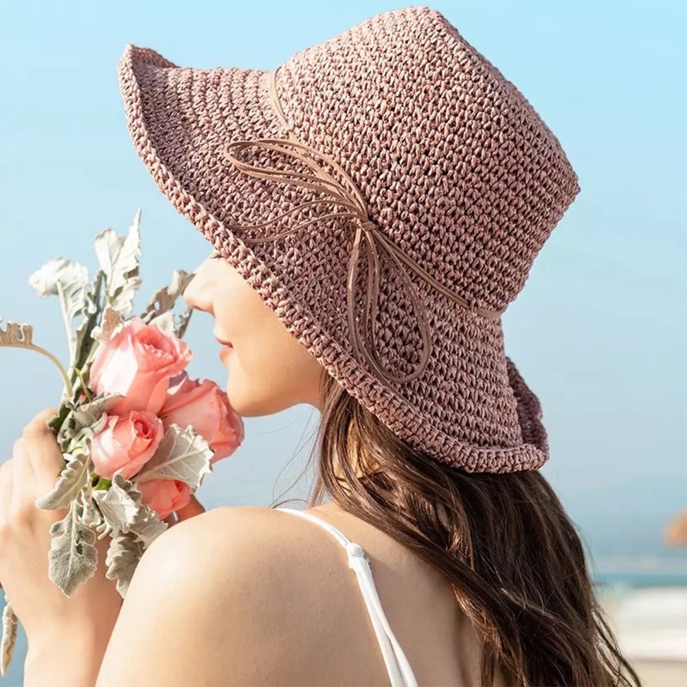 Summer Pink Sun Hat In Light Rose, Beach Foldable Straw Large Brim Travel Hat